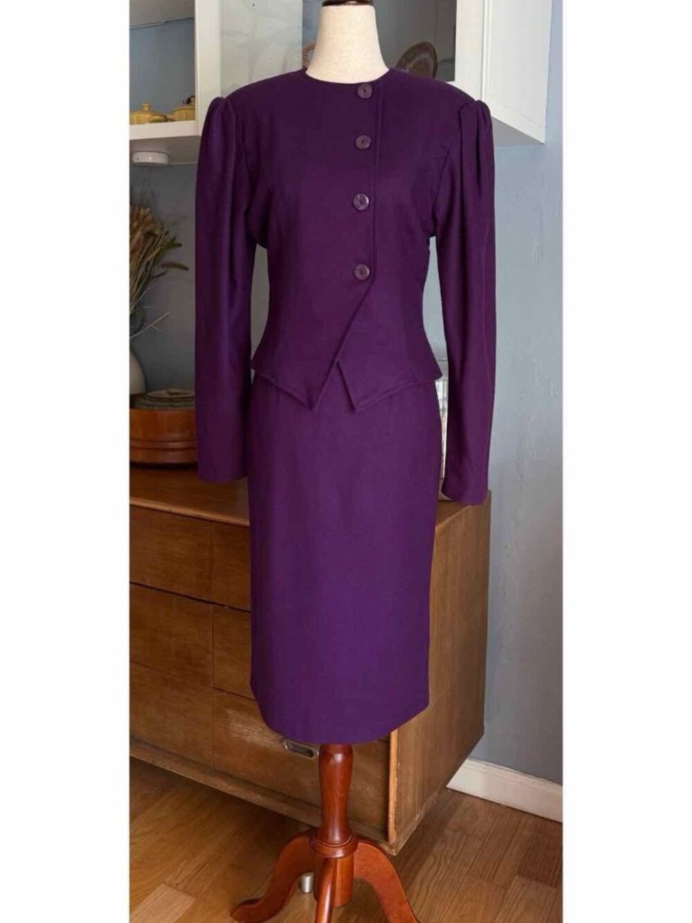 Vtg Mignon Paris New York Wool Jacket Skirt Suit Purple Structured